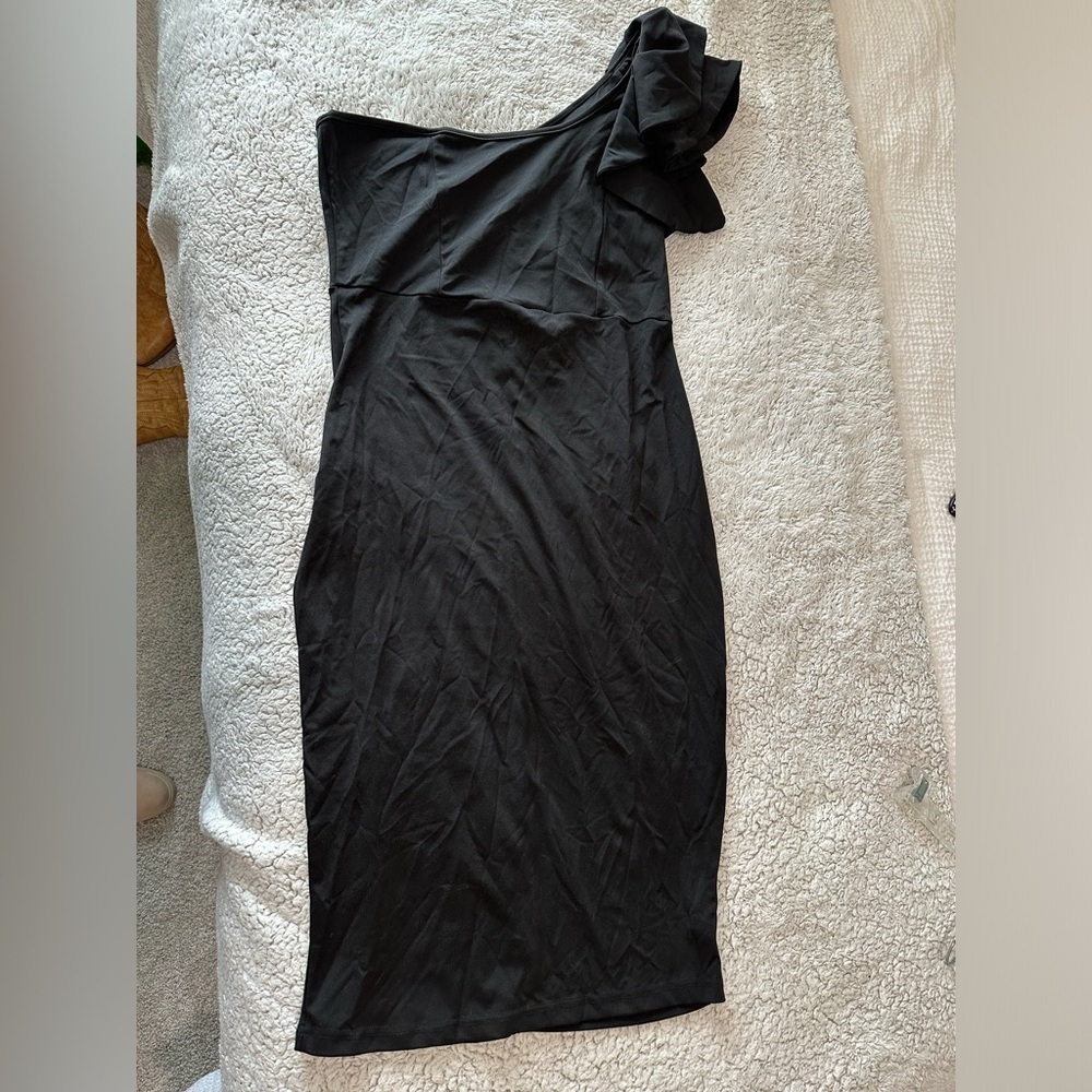 Mokuro Women's L One Shoulder Bodycon Cocktail Party Dress Black Ruffle Top New